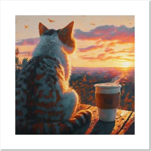 funny cat watching sunset with coffee, funny cats and coffee, cats lover Posters and Art